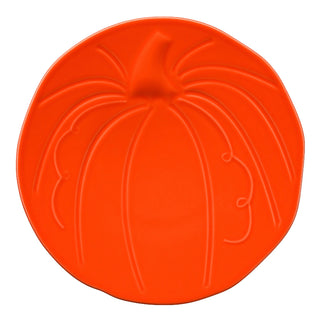 Bright orange plate shaped like a pumpkin with embossed lines and curves to mimic pumpkin grooves and a short stem at the top.