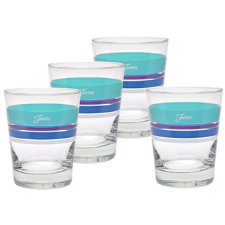 Four clear drinking glasses with teal and blue horizontal stripes and the word Fiesta printed in white on each, arranged in a staggered group against a white background.