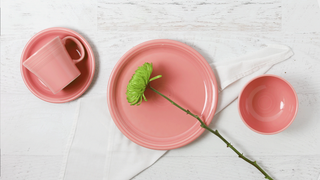 Peony place setting on a white wood tablescape