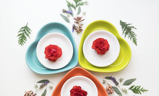 Three heart-shaped plates—blue, orange, and yellow—each holding a white dish with a red flower, arranged in a circle with assorted leaves and flowers scattered around on a white background.