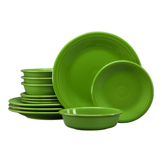 The Fiesta Retired Classic Rim 12-Piece Dinnerware Set in Shamrock includes plates and bowls for four, all crafted from lead-free china and shown neatly stacked on a white background.