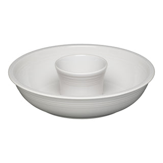 The Fiesta 2-Piece Chip and Dip Set, 12 7/8 inch, in white, features a central dip compartment and a larger outer section for snacks. Made in the USA.