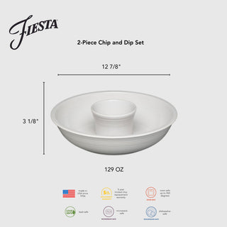 The Fiesta Retired 2-Piece Chip and Dip Set, 12 7/8", holds 129 oz and is lead-safe china made in the USA. Microwave, dishwasher, and oven safe for convenience.