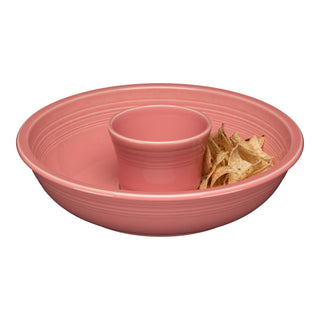 A Fiesta Retired 2-Piece Chip and Dip Set in Peony, 12 7/8", made from lead-safe, microwave-safe china. The platter features a central dip bowl and is shown with tortilla chips against a white background.