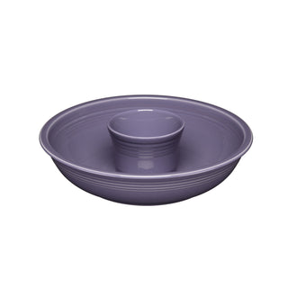 The Fiesta Lavender 2-Piece Chip and Dip Set, 12 7/8 inches, features a round ceramic design with a raised center for snacks. This microwave-safe set is made in the USA.