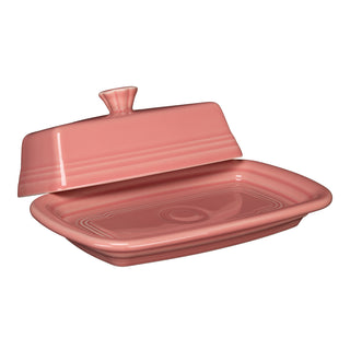 The Fiesta Retired Extra Large Covered Butter Dish in Peony features an 8 1/8" x 5 1/8" rectangular ceramic design with a matching lid and handle. Made in the USA from lead-safe china for style and safety.