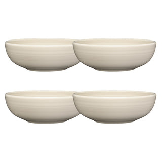 Four Fiesta Linen Bistro Coupe Bowls (7 5/8", 38 oz), made from lead-free ceramic, are displayed in two rows on a white background, showcasing the elegant and smooth design of this set of four medium bowls.