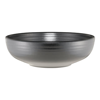 The Fiesta Foundry Bistro Coupe 9 5/8 Inch Large Serving Bowl, 68 OZ, features a round, shallow shape with a matte black and gray gradient finish. It’s shown from a slight angle against a white background.
