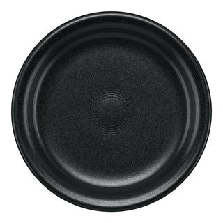 A set of 4 Fiesta Factory Direct Foundry Classic Rim 6 1/8 inch appetizer plates, round and black with a matte, speckled ceramic finish and concentric circular patterns, shown from above on a white background.