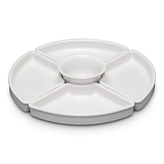 The Fiesta White 5-Piece Entertaining Set (8 1/5") features four curved compartments around a central bowl, perfect for stylishly serving snacks or appetizers at your next gathering.