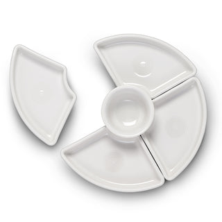The Fiesta White 5-Piece Entertaining Set, 8 1/5 inches, includes four removable wedge sections and a central dip bowl, with one wedge separated for versatile serving.