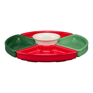 The Fiesta Christmas Mixed Color 5-Piece Color Entertaining Set (8 1/5") features four removable red and green sections and a white center bowl—perfect for sharing treats at holiday gatherings.