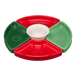 The Fiesta Christmas Mixed Color 5-Piece Entertaining Set (8 1/5") features four removable triangular dishes—two red, two green—and a small white bowl at the center, perfect for stylish holiday serving.