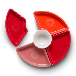 The Fiesta Retired Sunset Horizon 5-Piece Mixed Colors Entertaining Set features four vibrant pie-shaped trays and a white bowl arranged in a circle—ideal as a charcuterie tray. One tray sits slightly apart, all displayed on white.