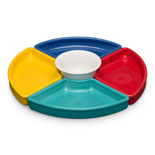 The Fiesta Vibrant 5-Piece Mixed Colors Entertaining Set (8 1/5") features four colorful triangular sections—yellow, blue, red, and teal—around a white center bowl, ideal as a charcuterie tray or for stylish entertaining.