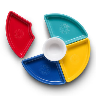The Fiesta Vibrant 5-Piece Mixed Colors Entertaining Set features four colorful 8 1/5-inch quarter-circle trays in red, teal, yellow, and blue around a white bowl, with the red tray set apart for added style.
