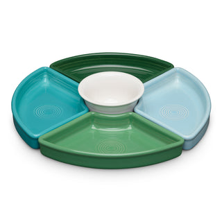 The Fiesta Aegean 5-Piece Mixed Colors Entertaining Set features four wedge trays in blue and green around a central white bowl, making an ideal 8 1/5-inch charcuterie tray for gatherings.