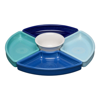 The Fiesta Coastal Blues 5-Piece Mixed Colors Entertaining Set (8 1/5") features four blue and teal triangular ceramic sections surrounding a central white bowl—a stylish choice for serving at gatherings.