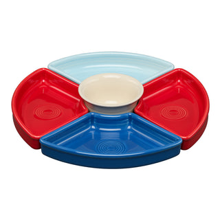 The Fiesta Americana 5-Piece Mixed Colors Entertaining Set features four colorful triangular dishes and a central white bowl, ideal for serving snacks or dips at any gathering. Measures 8 1/5 inches.