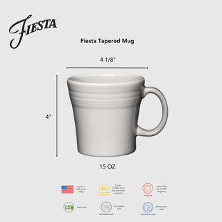 The Fiesta Retired Mixed Sunset Horizon 15 OZ Set of 4 Mixed Tapered Mugs are US-made, lead-safe, microwave/oven/dishwasher safe, feature handles, and come with a 5-year chip warranty. Each mug is 15 oz and stands ‎4" tall by ‎4⅛" wide.