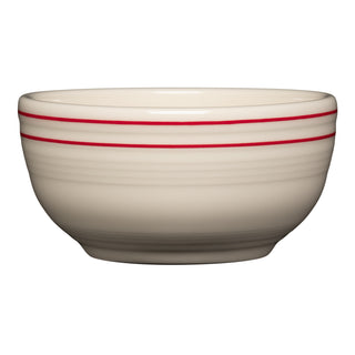 The Fiesta Americana Scarlet Bands Set of 4 Bistro Coupe 5 1/2 Inch Cereal Bowls (22 oz) features white ceramic with two red stripes, inspired by the Scarlet Band collection, shown on a plain white background.