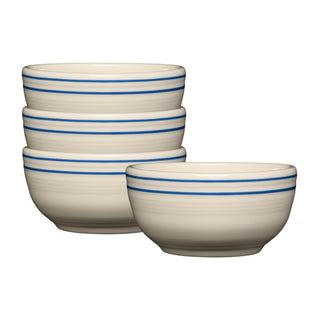A set of four Fiesta Americana Lapis Bands 5 1/2" bistro cereal bowls (22 oz), stacked with one in front, displays cream color and twin blue rim stripes, all made in the USA and shown against a white background.