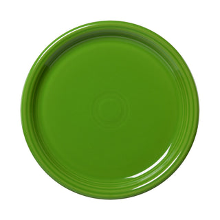 The Fiesta Retired Bistro Coupe 10 1/2 Inch Dinner Plate in shamrock is a round, lead-safe ceramic piece made in the USA, shown from above with subtle center rings and a glossy finish.