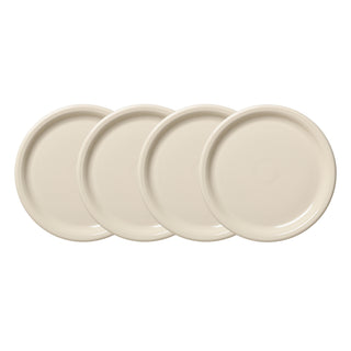 The Fiesta Linen Set of 4 Bistro Coupe 10 1/2 Inch Dinner Plates features four plain, round, cream-colored plates, each slightly overlapping the next and arranged in a row against a white background.