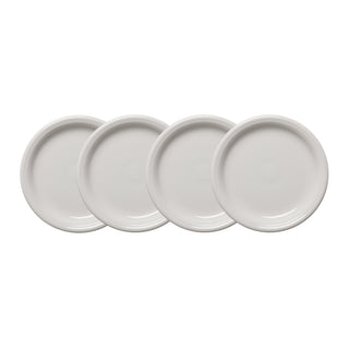 Set of 4 Fiesta White Bistro Coupe 7 1/4 Inch Salad Plates, arranged in a slightly overlapping row on a white background. Made in the USA.