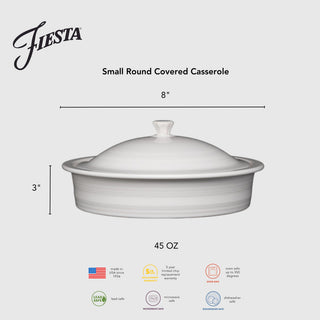 Lavender 10-inch Fiesta small round covered casserole, ideal for warming tortillas or baking casseroles. Oven safe, 1.4 qt capacity. Made in USA, lead safe, microwave and dishwasher safe, with 5-year chip warranty.