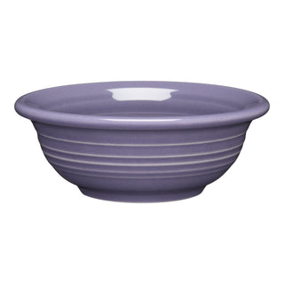 The Fiesta Lavender 5 Inch Fruit/Salsa Bowl (9 OZ) is a round, shallow ceramic bowl with subtle horizontal ridges, made in the USA and displayed on a white background.