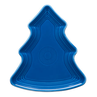The Fiesta Retired Tree Shaped Plate, 10 1/8", comes in lapis blue with concentric ridges and a glossy finish; crafted from lead-safe ceramic china.