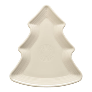 The Fiesta Linen Tree Shaped Plate, 10 1/8 inch, is crafted from lead-safe china with gently scalloped edges and circular patterns—perfect as a festive holiday serving platter.