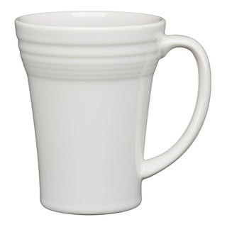 The Fiesta 18 OZ Bistro Latte Mug by Fiesta features durable, vitrified white china with a large handle and subtle ridges near the top. Dishwasher safe, it's perfect for everyday use. Photographed on a white background.