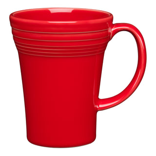 The Fiesta 18 OZ Bistro Latte Mug by Fiesta is a bright red ceramic mug made in the USA, featuring a large handle and horizontal grooves near the rim, shown on a white background.
