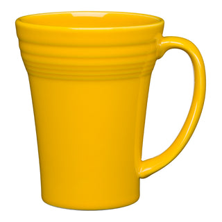 The Fiesta 18 OZ Bistro Latte Mug by Fiesta is a bright yellow vitrified china mug with a large handle and a ridged design near the top, shown against a plain white background.