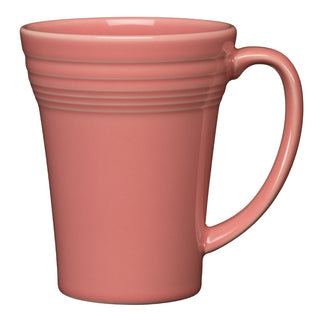 The Fiesta 18 OZ Bistro Latte Mug by Fiesta is a pink ceramic mug made in the USA, featuring a large handle and ribbed detailing near the rim, shown against a white background.