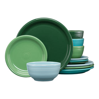 The Fiesta Mixed Aegean Bistro Coupe 12-Piece Dinnerware Set, Service for 4, features plates and bowls in green, blue, and teal shades. Dishwasher and microwave safe, it’s perfect china for everyday use.