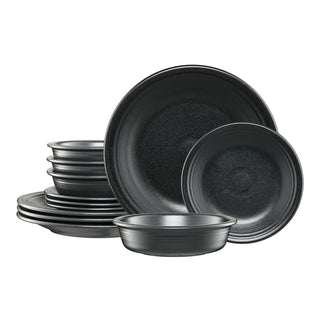 The Fiesta Classic Rim 12-Piece Dinnerware Set, Service for 4 in Foundry, features dinner plates, salad plates, and bowls neatly stacked and elegantly arranged on a white background.