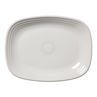 The Fiesta 12 Inch Large Rectangular Platter by Fiesta, shown in white from a top-down view, features rounded edges and subtle concentric ridges along the rim against a white background.