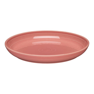 The Fiesta Coupe 10 3/8 Inch Dinner Bowl (40 OZ) in peony features a glossy finish, concentric ridges, and a round, shallow shape—microwave safe and perfect for versatile use on any occasion.