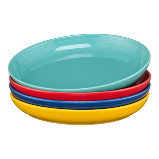 The Fiesta Mixed Vibrant Coupe 10 3/8 Inch Dinner Bowl Set includes four 40 oz bowls in assorted colors, each featuring a simple round design—perfectly stacked for a lively display.