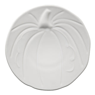 The Fiesta Retired Pumpkin Shaped Plate, 8 1/2 inch in white, is a lead-safe ceramic plate made in the USA. Embossed with pumpkin details, it’s a charming addition to your collection.