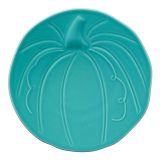 The Fiesta Retired Pumpkin Shaped Plate, 8 1/2 inches in turquoise, features embossed pumpkin details and adds a festive touch to any table setting. Made in the U.S.A., it's a charming addition for collectors and seasonal decor.