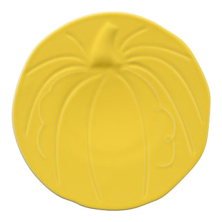 The Fiesta Retired Pumpkin Shaped Plate (8 1/2 Inch) in Sunflower features raised ribs and a stem detail, crafted from lead-safe china for your peace of mind.
