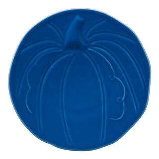 The Fiesta Retired Pumpkin Shaped Plate, 8 1/2 inch in lapis, features embossed pumpkin segments and a short stem. This lead-safe china is proudly made in the U.S.A.