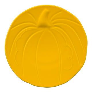The Fiesta Pumpkin Shaped Plate, 8 1/2 inch in daffodil, features an embossed pumpkin design with a stem and curved ridges—perfect for festive displays.