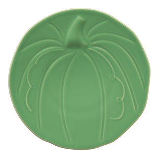 The Fiesta Retired Pumpkin Shaped Plate, 8 1/2 inch, in meadow green features embossed pumpkin details and a stem. Made from lead-safe china, this decorative and functional plate adds charm to your table.