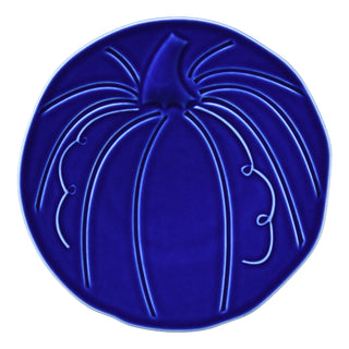 The Fiesta Retired Pumpkin Shaped Plate, 8 1/2 inch in twilight, features a pumpkin shape with raised segment lines and curly vines; a charming collectible item.
