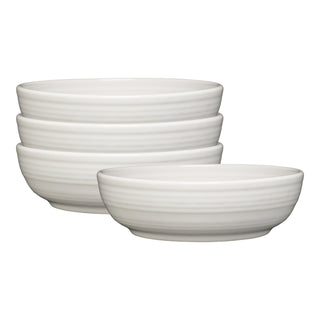 The Fiesta White Coupe 6 3/4 Inch Salad Bowl Set includes four 24 oz ceramic bowls with a subtle horizontal stripe, stacked in two pairs against a white background. Made in the USA, they're ideal for modern table settings.